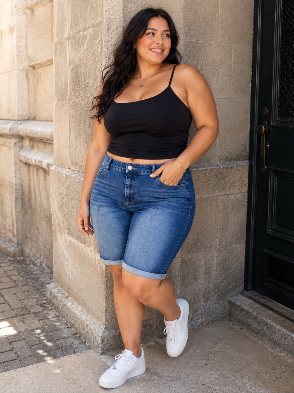 Casual High-Rise Denim Bermuda Shorts - Medium Wash